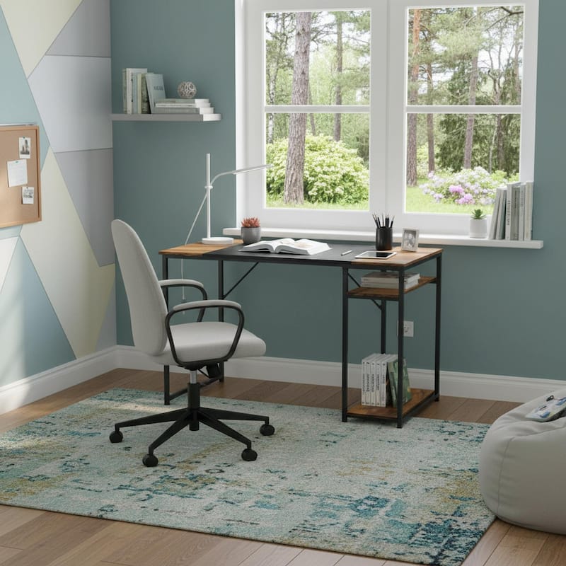 Homylin Industrial Writing Desk with Side Storage Shelves, Black Brown - 55.1" × 23.6"