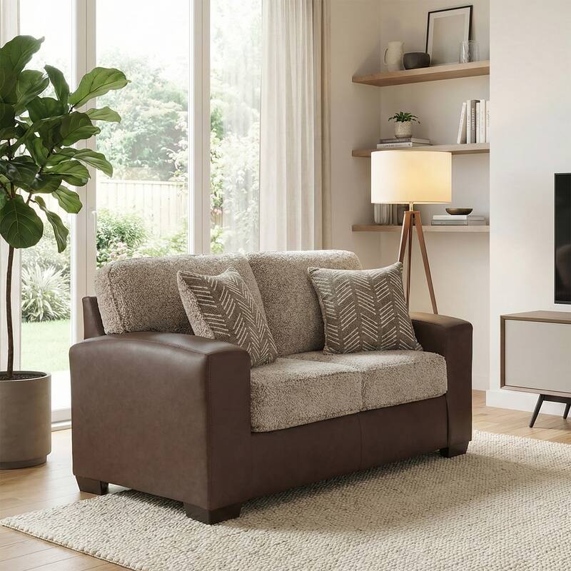 Roundhill Furniture Marvella 4-Piece Living Room Set, Chocolate Faux Leather Upholstery and Curly Shearling Cushions