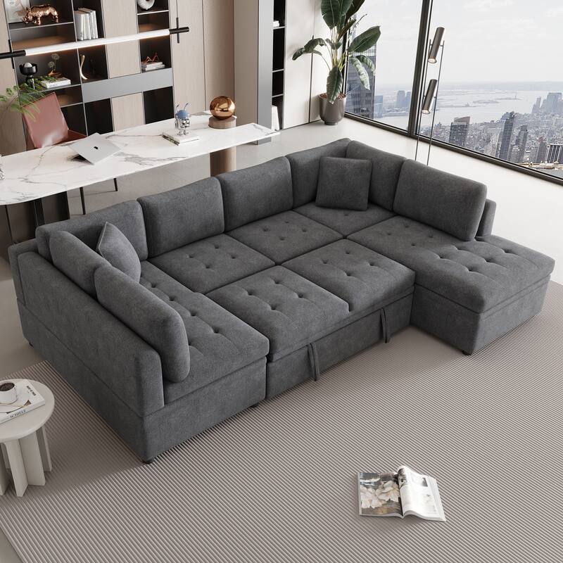 117" U-Shaped Oversized 6-Seat Sectional Sofa with Chaise, Pull-Out Bed, and 2 Detachable Throw Cushions - Gray