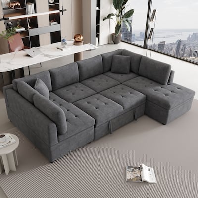 117.3" Oversized U-shaped Pull-out Sofa Bed, Gray Chenille, 2 Pillows
