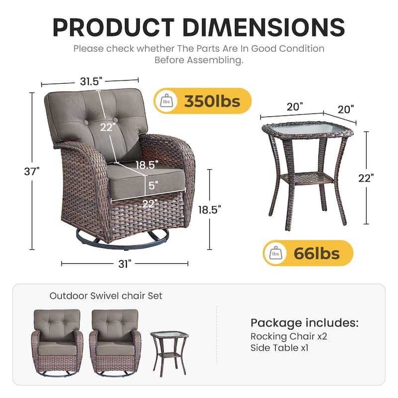 Gymojoy Wide T-Shaped High Back Swivel Glider Chairs Set with Side Table and 5-inch Cusion for Patio & Balcony