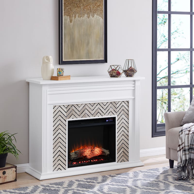 SEI Furniture Heidi Contemporary Electric Fireplace with Chevron Design White Marble Mantel