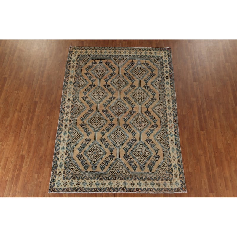 Geometric Bakhtiari Persian Vintage Rug Handmade Orange Wool Carpet - 6'8"x 9'5"