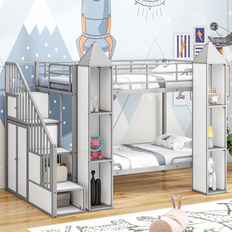 Castleshaped Bunk Bed Metal with Wardrobe, Twin Over Twin Bunk Bed