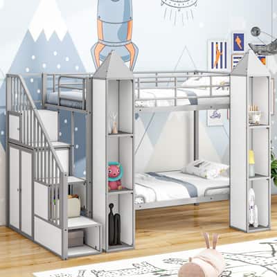 Twin Over Twin Size Bunk Bed w/Storage Shelves,Wardrobe,Metal Bedframe