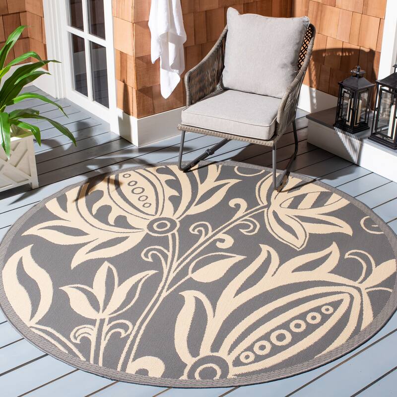 SAFAVIEH Courtyard Leatrice Indoor/ Outdoor Patio Backyard Rug - 6'7" x 6'7" Round - Grey/Natural