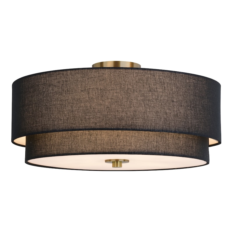 Burnaby Gold Brass Mid-Century Modern Semi Flush Mount Ceiling Light Black Linen Drum Shade
