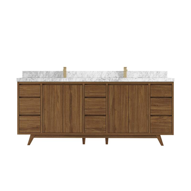 Willow Collections 84 in. W x 22 in. D Madison Teak Double Sink Bathroom Vanity with Countertop - 2" Carrara Marble - Golden Teak