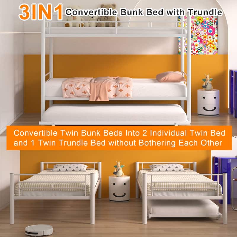 Twin Over Twin Bunk Bed with Trundle, Detachable Twin Bunk Beds w/ 2 Side Ladders & Full-Length Guardrails