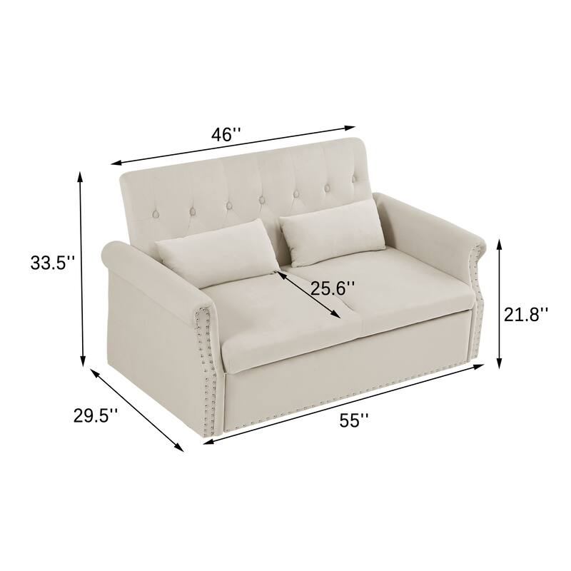 55" Velvet Convertible Pull-Out Loveseat Sleeper Sofa with 2 Pillows