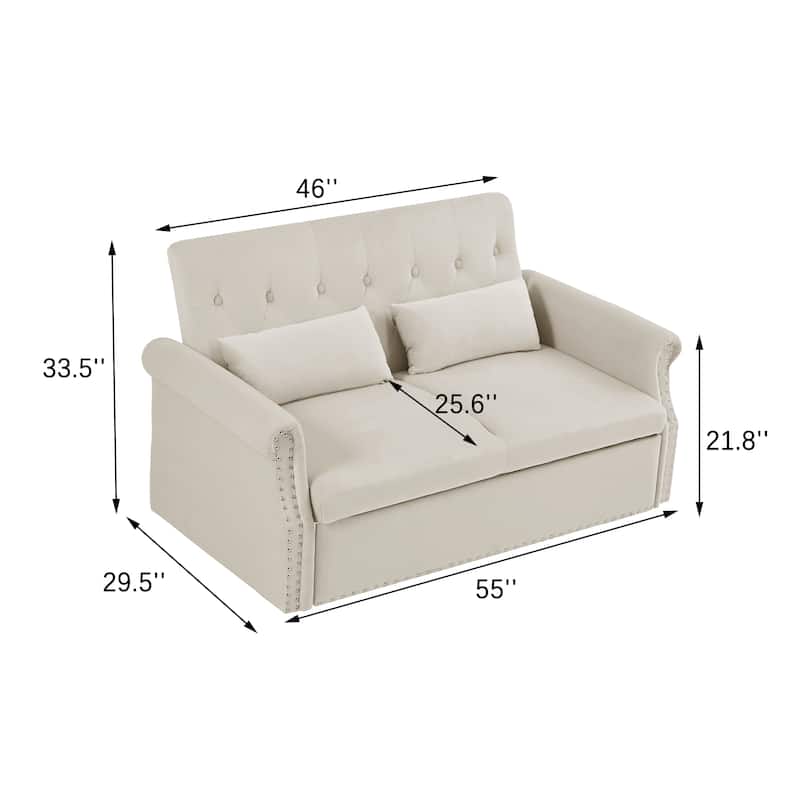 Velvet Pull Out Loveseat Sofa Convertible Sleeper Loveseat Bed with 2 Pillows Rivet Arm Lounge Couch Tufted Sofa