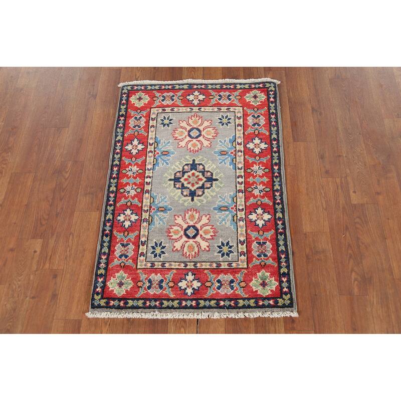 Geometric Kazak Oriental Accent Rug Handmade Grey Wool Carpet - 2'0"x 2'11"