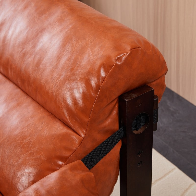 Vintage Orange Medieval Modern Lounge Chair - Removable Armrests, Waxed Leather & Rubberwood Frame