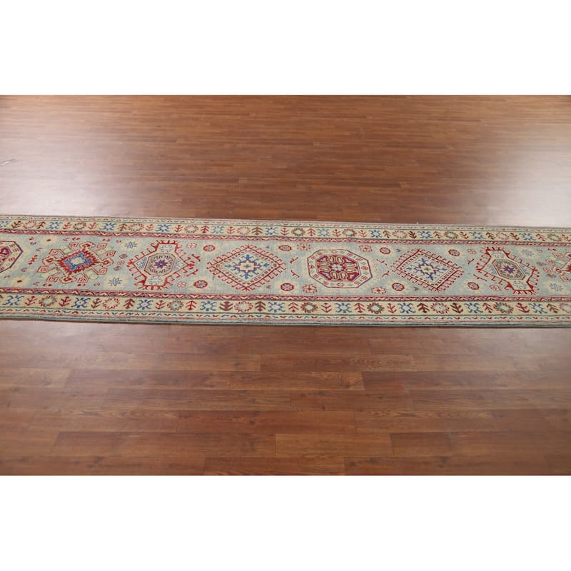 Light Blue Kazak Runner Rug Hand-Knotted Oriental Foyer Wool Carpet - 2'8" x 16'0"