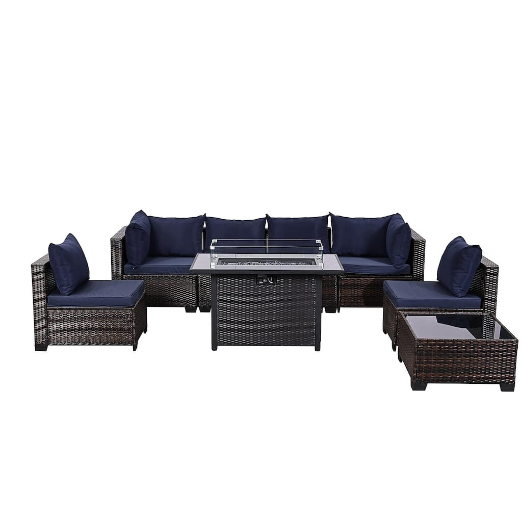 7 PCS Wicker Patio Conversation Set With Fire Table
