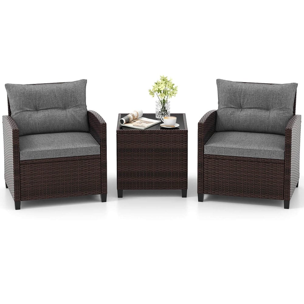 Gymax Set of 3 Rattan Furniture Set Patio Cushioned Conversation Set