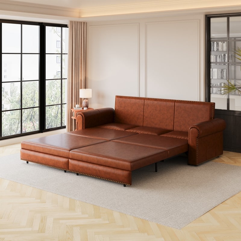 3-in-1 King Pull Out Sofa Bed Chesterfield Sofa, Velvet/Faux Leather Convertible Sleeper Sofa with Nailhead Trim & Rolled Arm