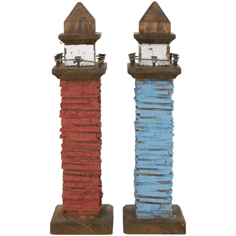 Wood Light House Distressed Decorative Sculpture with Blue and Brown Accents - Set of 2 Red - Roche River Decor