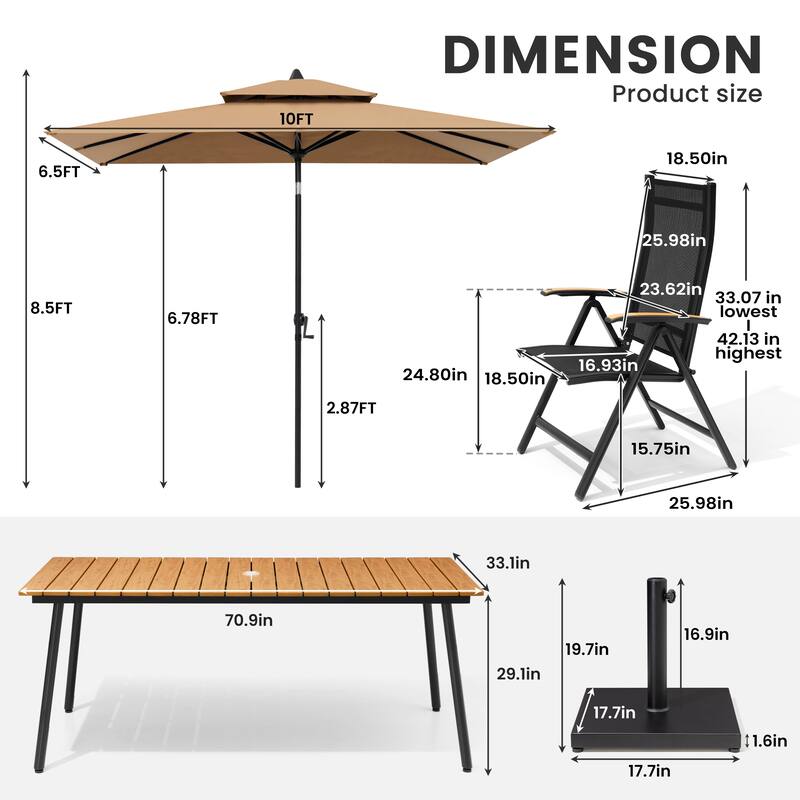9/11-Piece Outdoor Aluminum Patio Dining Set w/10 ft Umbrella and Base, Rectangle Table and Folding Chairs