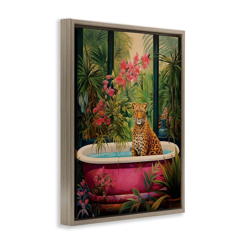 Stupell Leopard in Lush Tropical Bath Framed Floater Canvas Wall Art Design By Heidi Kuntz