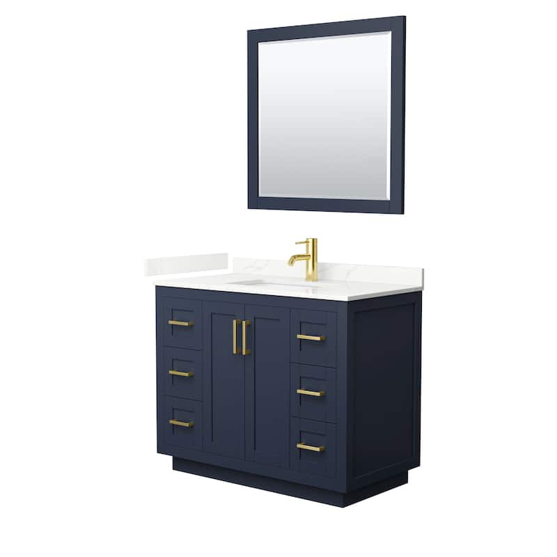 Miranda 42-inch Single Vanity, Quartz Top, 34-inch Mirror - Dark Blue, Gold Trim, Giotto Quartz Top