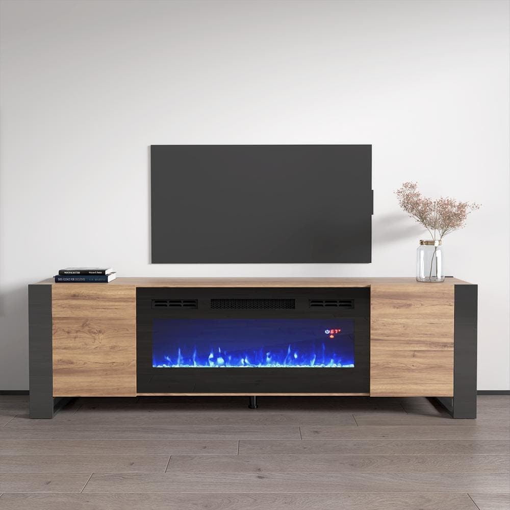 Meble Furniture Woody Electric Fireplace 77" TV Stand with 40" Insert, Remote & 3 Flame Colors for up to 85" TVs - 77.2"W