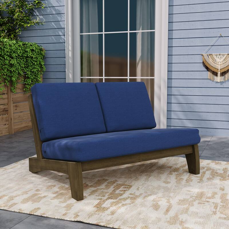 Teak Outdoor Armless Lounge Chair Set Loveseat with Cushions - Loveseat separate cushion - Navy