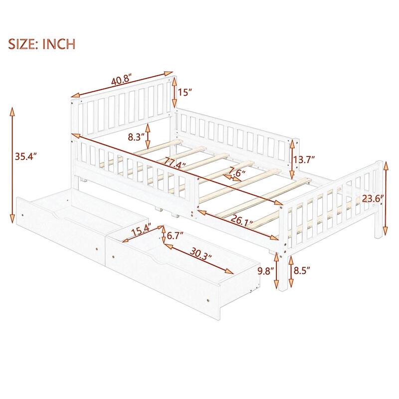 Full / Twin Walnut Wood Platform Bed with Guardrails on Both Sides and 2 Storage Drawers