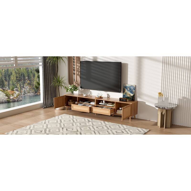Roomfitters Rattan TV Stand for TVs up to 90 Inch, Modern Farmhouse Media Console with Solid Wood Legs, Walnut