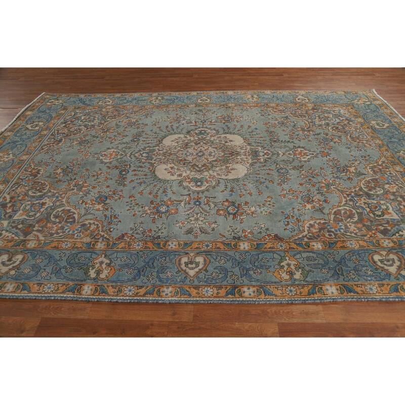 Light Blue Floral Tabriz Persian Rug Hand-Knotted Wool Carpet - 7'7"x 11'1"