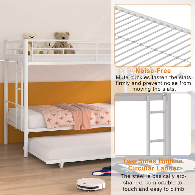 Twin Over Twin Bunk Bed with Trundle, Detachable Twin Bunk Beds w/ 2 Side Ladders & Full-Length Guardrails