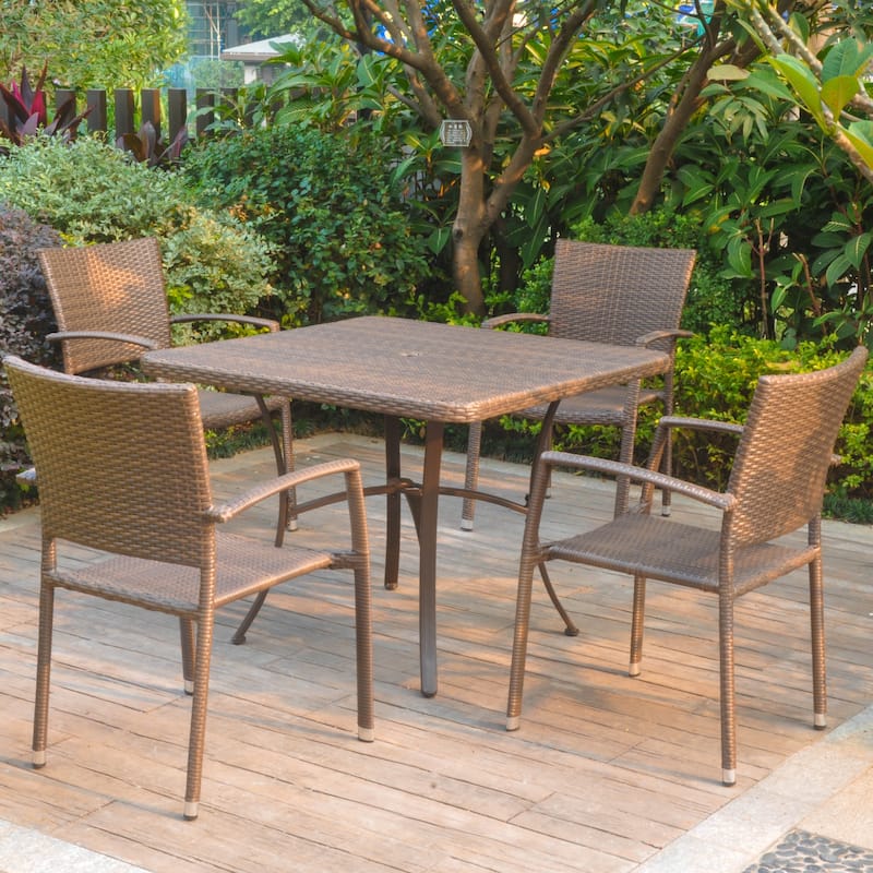 Barcelona Resin Wicker/Aluminum 39-inch Square Table with 4 Arm Chairs - Antique Brown