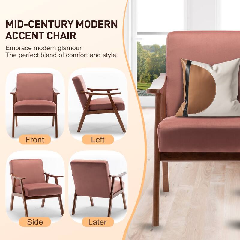 Mid-Century Modern Wingback Chair, Living Room Chair with Solid Wood Frame, Accent Chair Extra-Thick Backrest