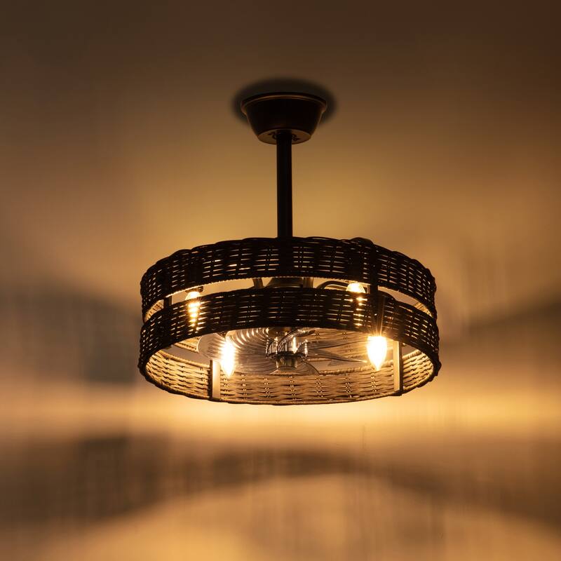 18.5" Boho Rattan Caged Ceiling Fan with Light Kit and Remote Control