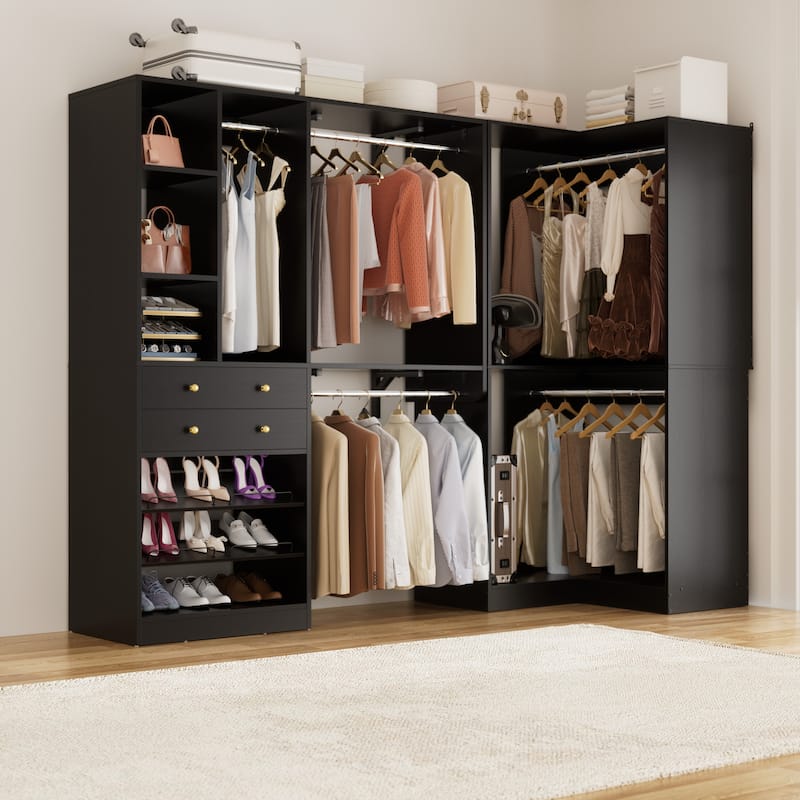 Rackcog Freestanding Corner Closet System Set, Closet Organizer with Hanging Rods and Drawers - 90.5'' W - Black