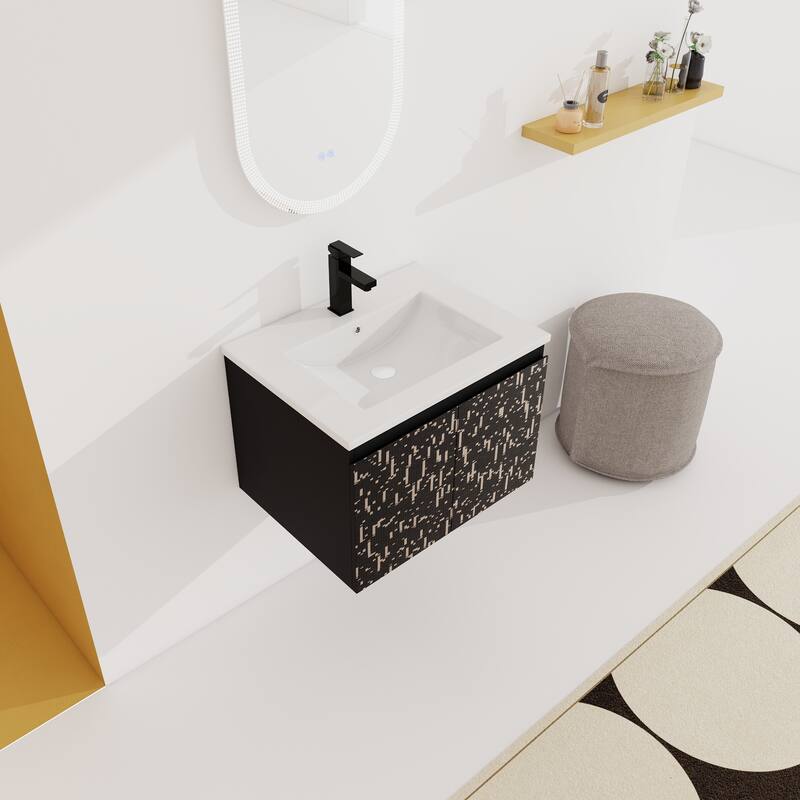 24" Floating Wall-Mounted Bathroom Vanity with Soft-Close Doors, Ceramic Sink, Eco-Friendly Plywood Base