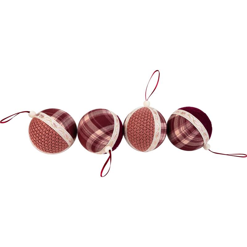 Plaid and Knitted Christmas Ball Ornaments - 3.5" - Maroon and Ivory - Set of 4