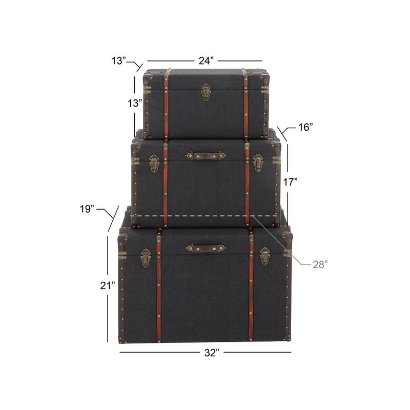 Blue Linen Fabric Nesting Upholstered Decorative Trunk with Buckle Hinged Top (Set of 3)
