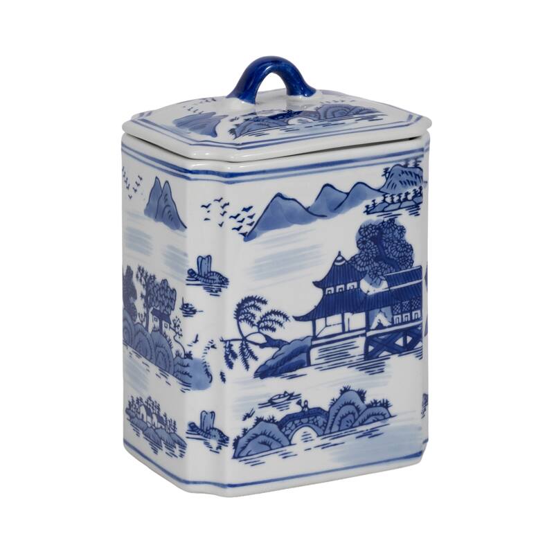 Rectangular Chinoiserie Ceramic Table Jar with Lid