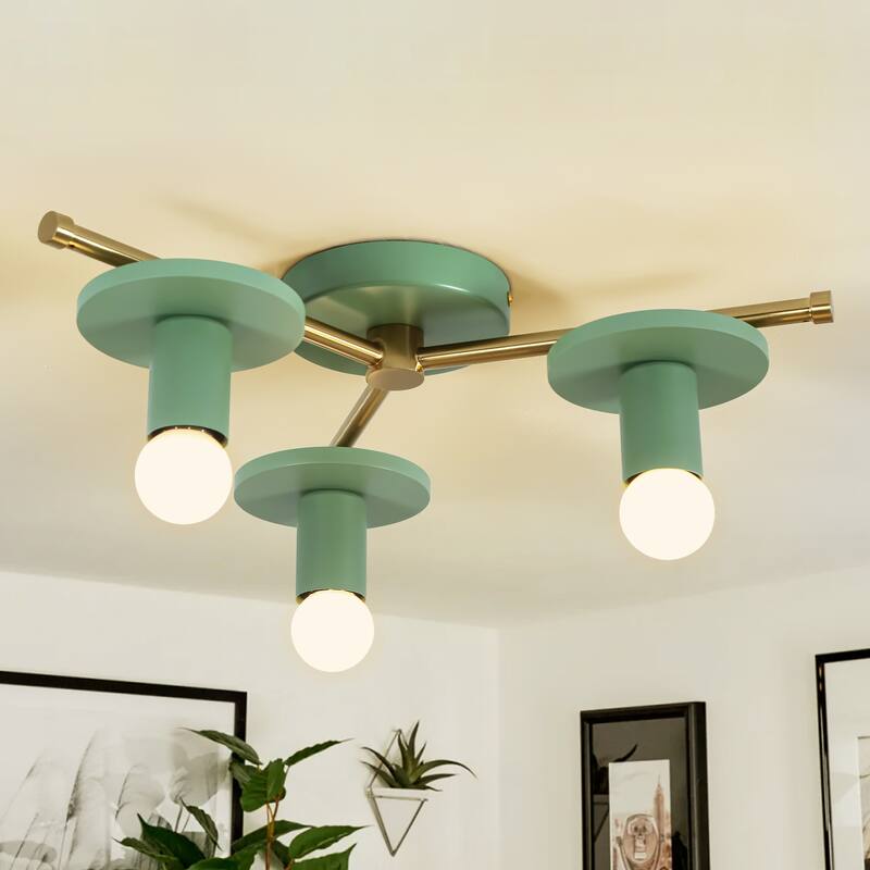 17.5" W 3-Light Modern Green/Black Sputnik Low-Profile Semi-flush Mount Ceiling Light with Wood Accents for Bedroom