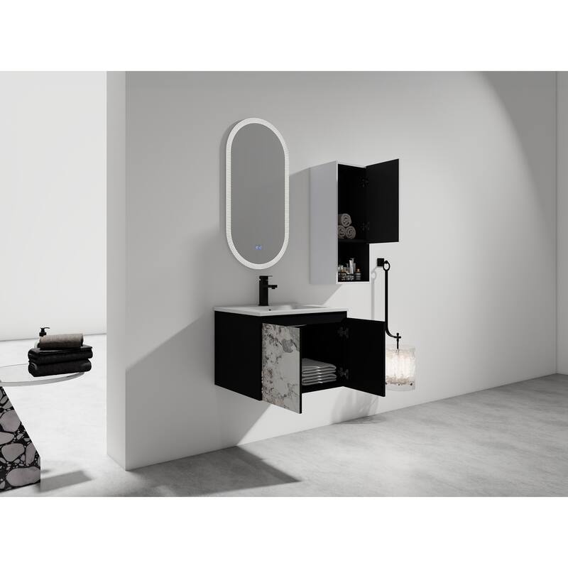 24" Wall-Mounted Bathroom Vanity with Ceramic Sink and Soft-Close Doors, Side Cabinet for Extra Storage