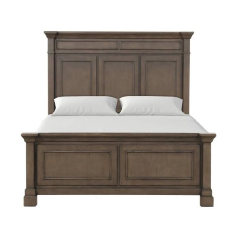 Huder King Bed, Dark Walnut Brown Solid Pine Wood, Classic Panel Moldings
