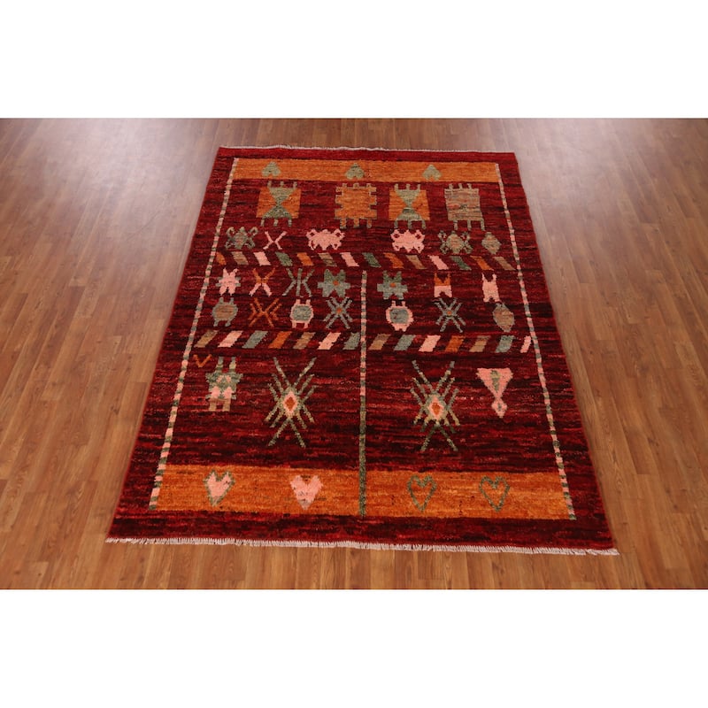 Red Geometric Moroccan Oriental Area Rug Hand-Knotted Wool Carpet - 5'8" x 7'8"