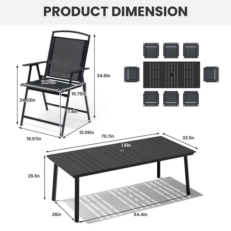 9-Piece Outdoor Dining Set Rectangle Patio Dining Table with Umbrella Hole and Folding Chairs