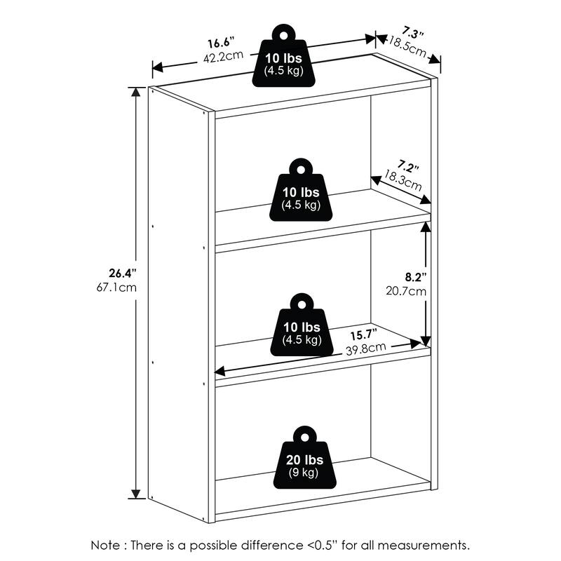 Furinno Basic 3-Tier Open Shelf Bookcase, Bookshelf, Storage Organizer, 7 x 17 x 26