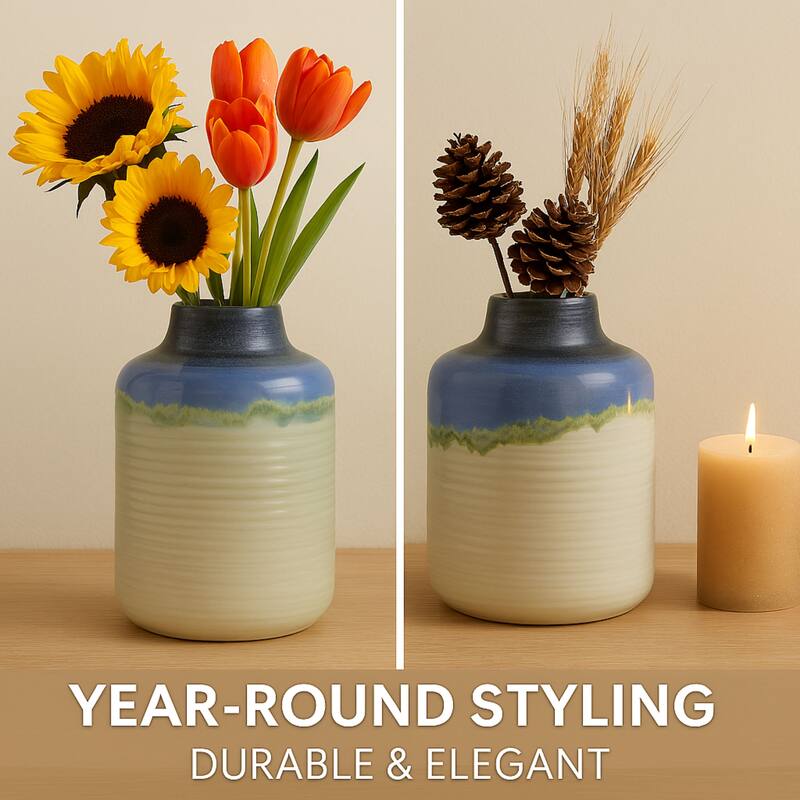 Aria Home Artisan Ombre Pottery Vase Set Natural Blue Green Décor