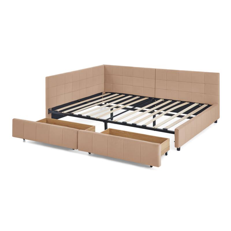 Full Size Upholstered Daybed Platform Tufted Bed Frame with Comfortable Backrest and 2 Drawers