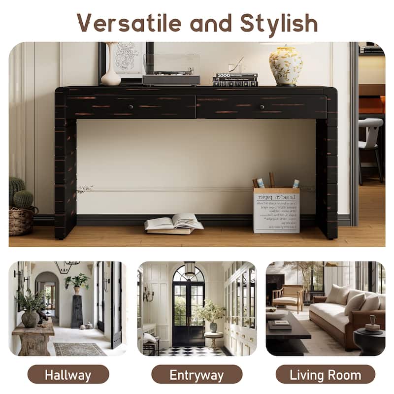 55" Long Curved Console Table with Storage, Farmhouse Wood Entryway Sofa Table with 2 Drawers for Entryway, Hallway, Living Room