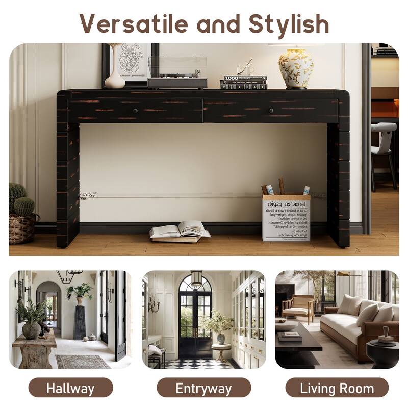 Curved Farmhouse Console Table with Storage, Wooden Entryway Table with 2 Drawers for Hallway