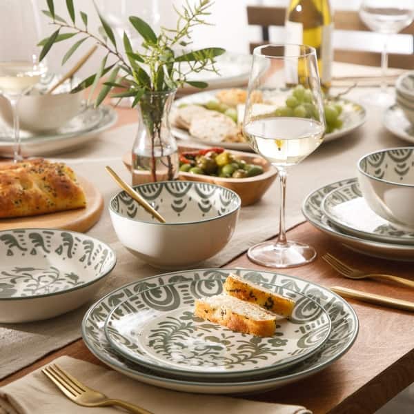 Bloomhouse - 2-Time Oprah's Favorite Things - Valencia Flor 16 Piece Stoneware Dinnerware Set, Artisanal Decorated - Fern Green